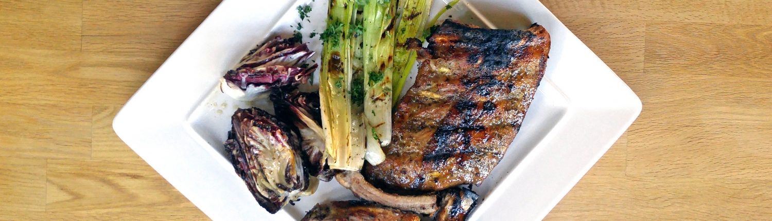 AIP Grilled Pork Ribs with Maple Glaze with Grilled Leeks and Radicchio