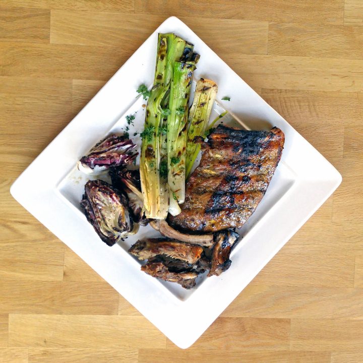 AIP Grilled Pork Ribs with Maple Glaze with Grilled Leeks and Radicchio