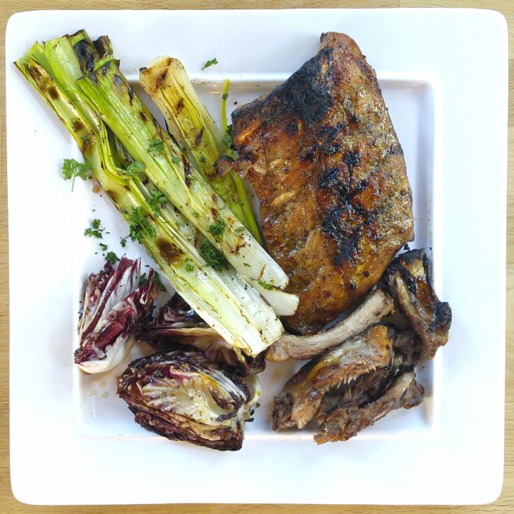 AIP Grilled Pork Ribs with Maple Glaze with Grilled Leeks and Radicchio
